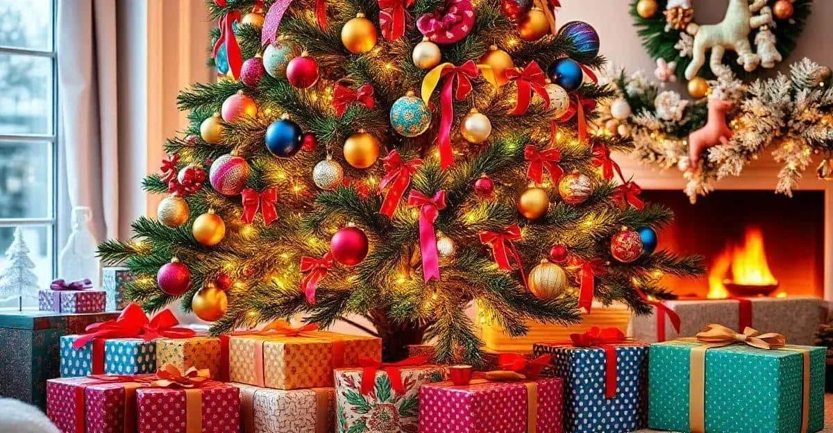 Sapin de Noël coloré avec des cadeaux à son pied