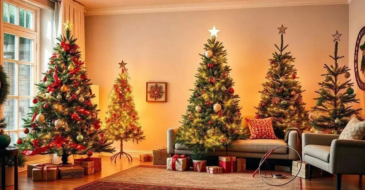 Sapins de Noël de différentes tailles dans un salon Sapins de Noël de différentes tailles dans un salon
