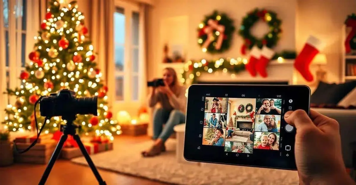 Une tablette affiche des photos devant un appareil et un sapin de Noël