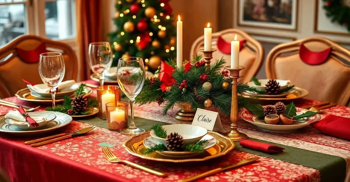 Table de Noël rouge avec de la verdure et un marque-place Claire