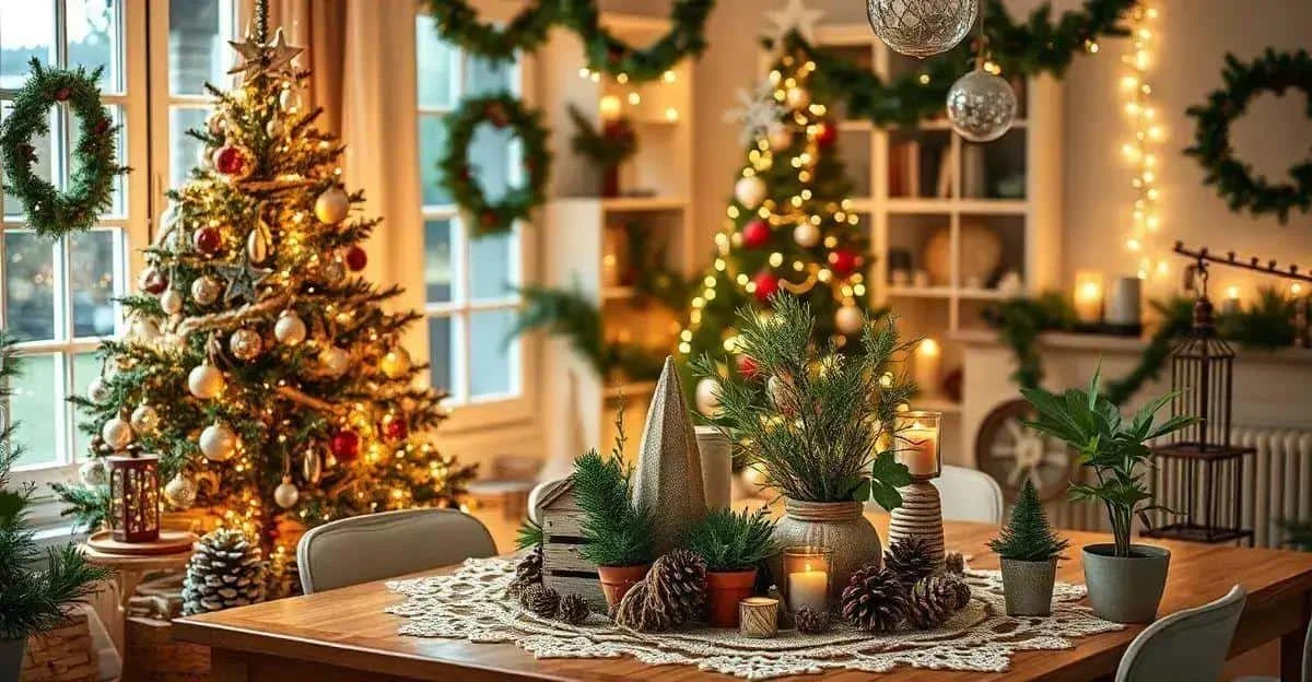 Table, plantes et sapin décoré dans une pièce de Noël