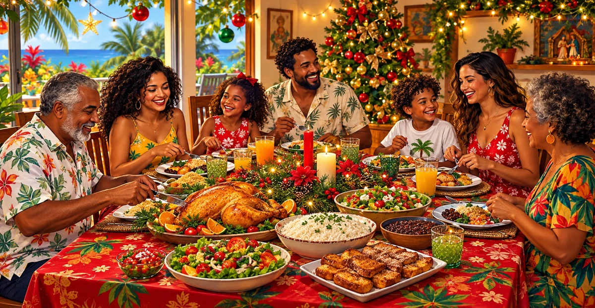Illustration d’une famille réunie autour de plats de fête dans une ambiance estivale Illustration d’une famille réunie autour de plats de fête dans une ambiance estivale