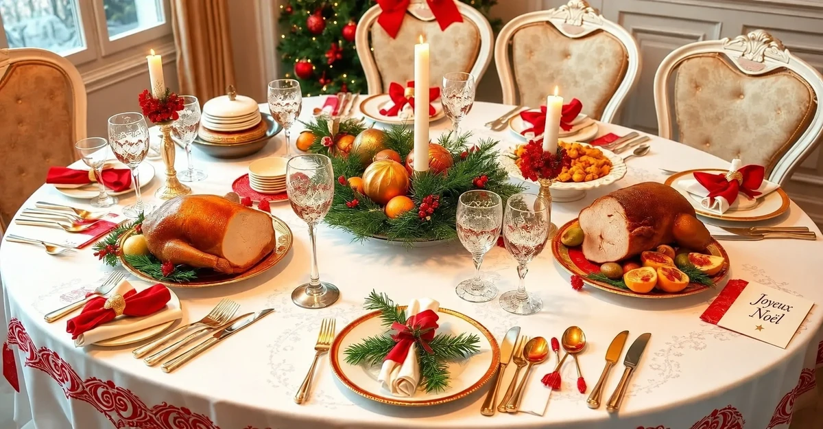 Table ronde de Noël garnie de plats et de décorations festives