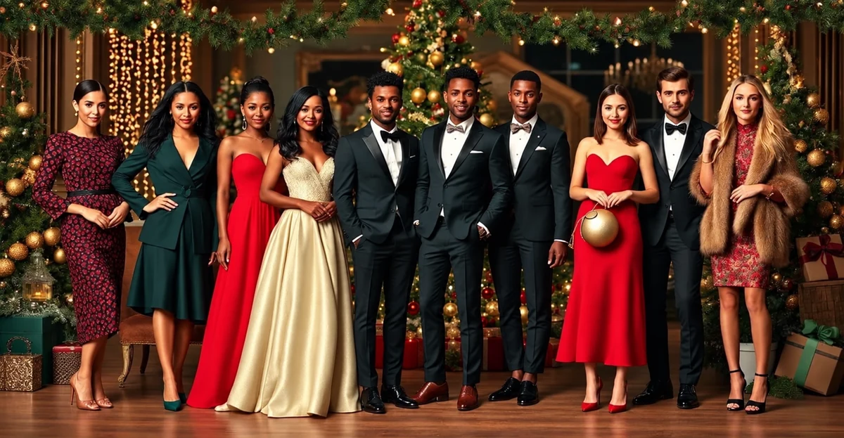 Des invités en tenues habillées devant un décor de Noël Des invités en tenues habillées devant un décor de Noël