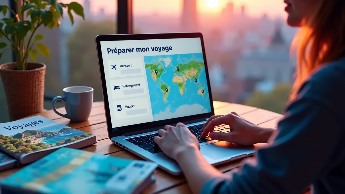 Préparation d’un voyage sur un ordinateur avec des rubriques en français Préparation d’un voyage sur un ordinateur avec des rubriques en français