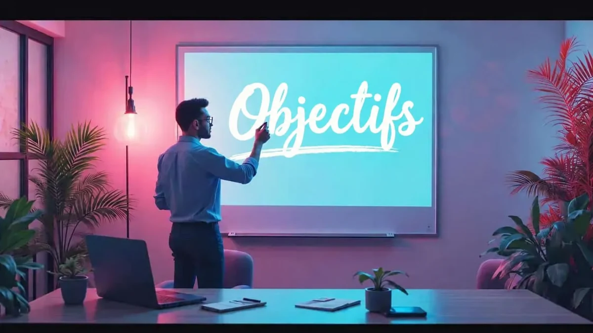Une personne écrit le mot Objectifs sur un tableau de présentation