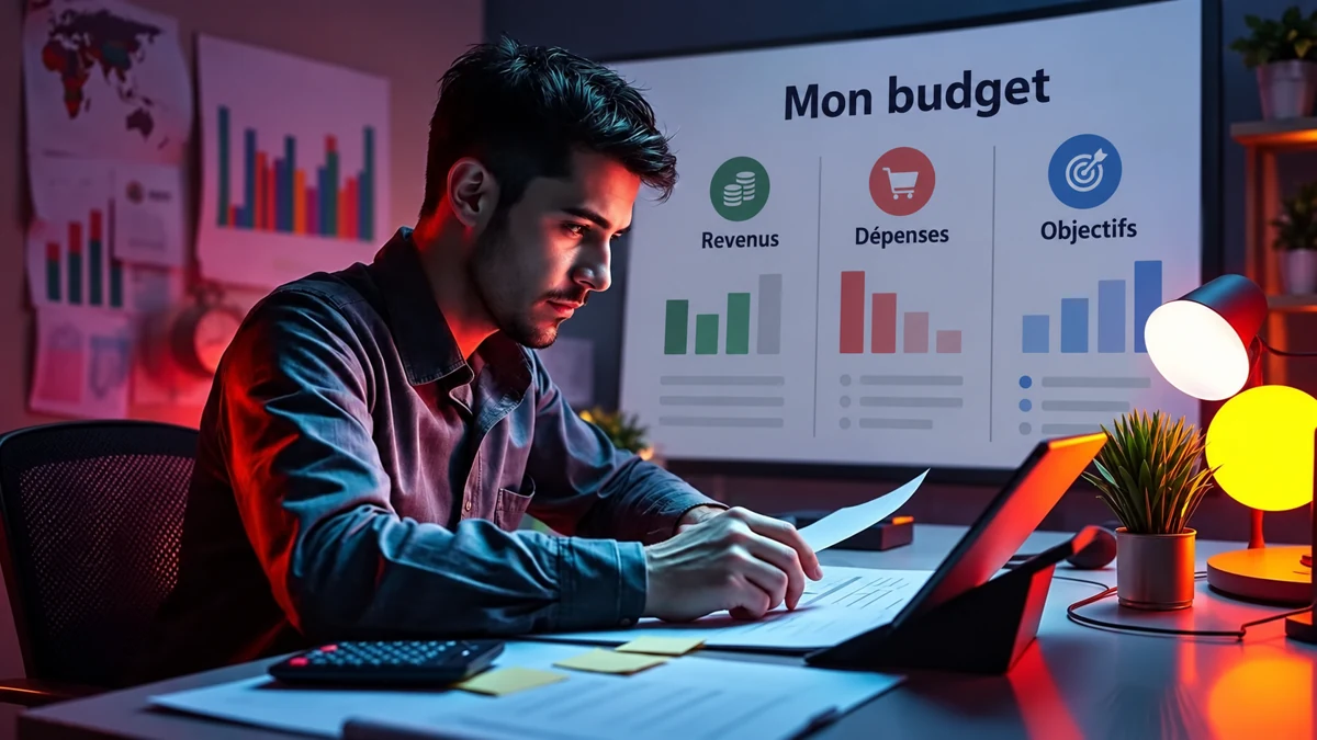 Une personne examine ses documents devant un tableau de budget en français Une personne examine ses documents devant un tableau de budget en français