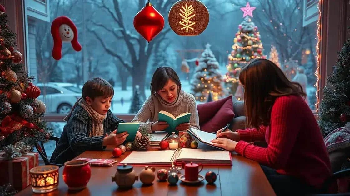 Illustration de proches réunis avec des livres et des documents à Noël Illustration de proches réunis avec des livres et des documents à Noël