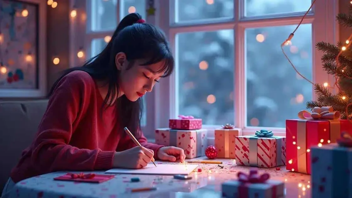 Personne préparant une liste près de cadeaux de Noël Personne préparant une liste près de cadeaux de Noël