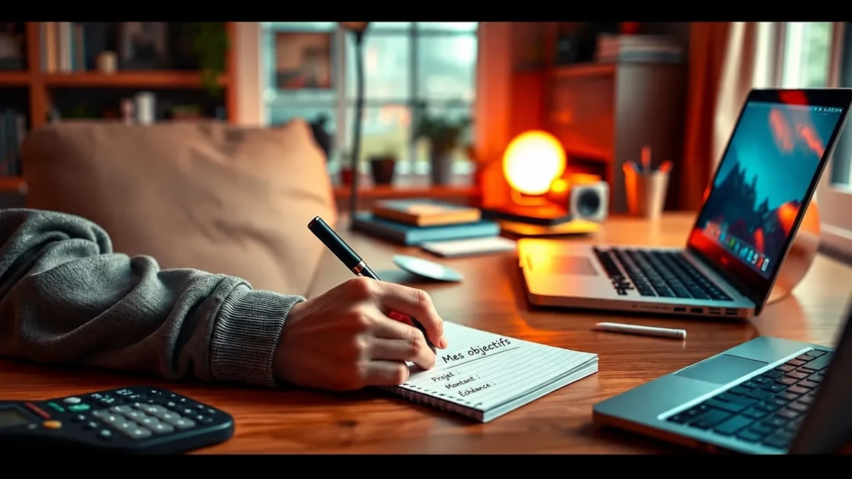 Un objectif, un montant et une échéance notés dans un carnet Un objectif, un montant et une échéance notés dans un carnet