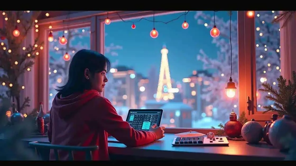 Illustration d’une personne consultant une tablette dans une pièce décorée pour Noël Illustration d’une personne consultant une tablette dans une pièce décorée pour Noël