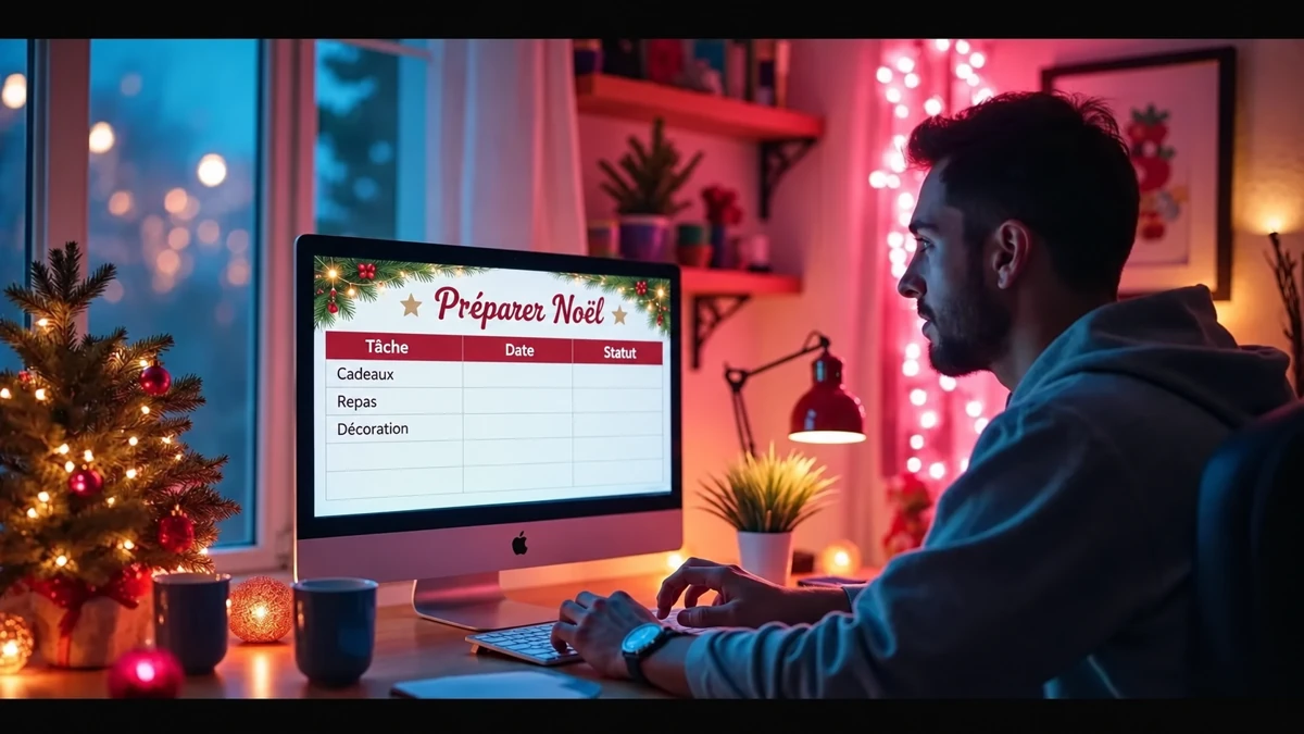 Illustration d’un tableau de préparation de Noël en français sur ordinateur