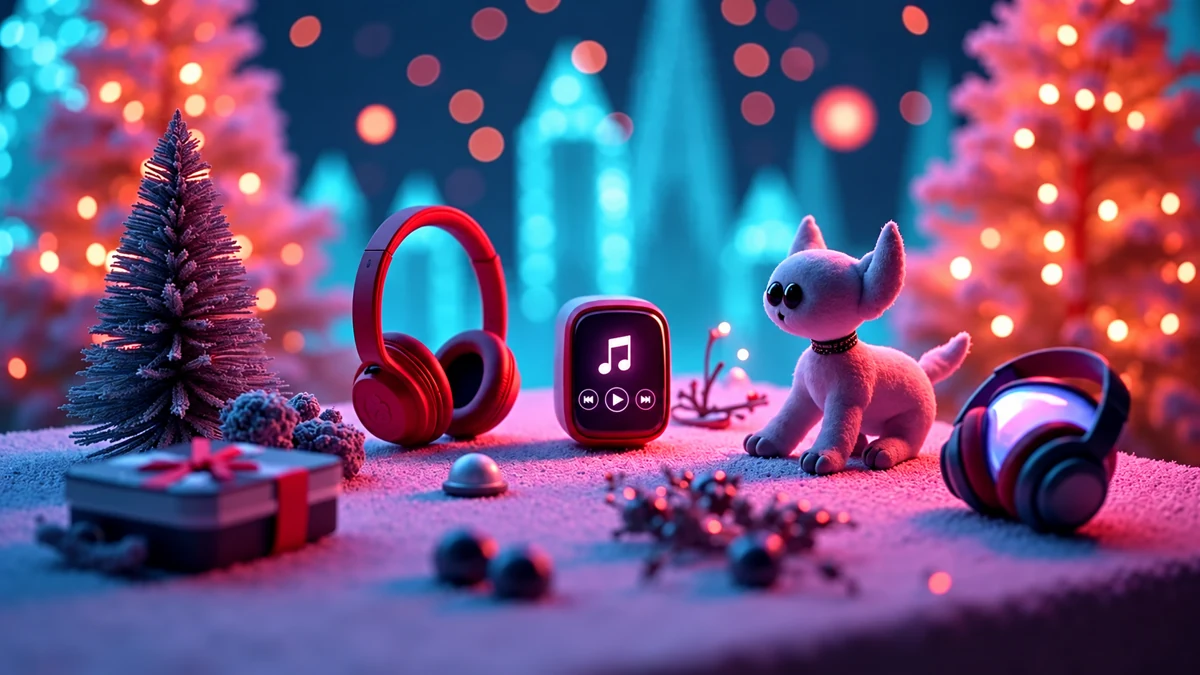 Casques audio, lecteur de musique et jouet dans un décor de Noël