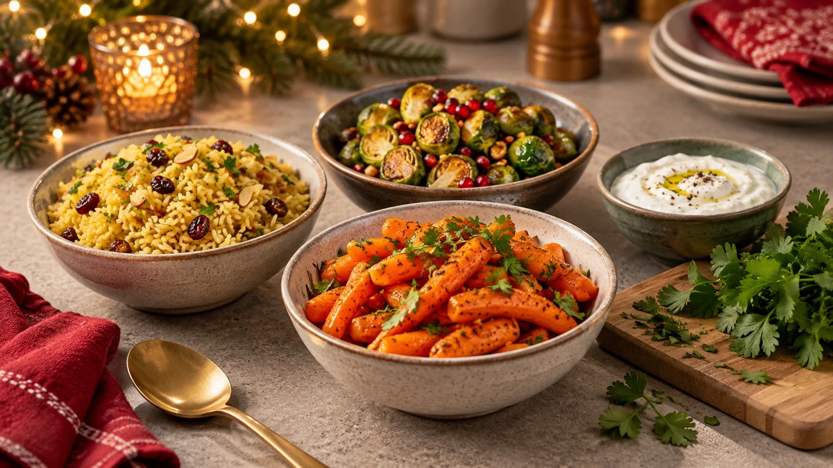 Bols de céréales, légumes préparés et sauce pour un repas de fête