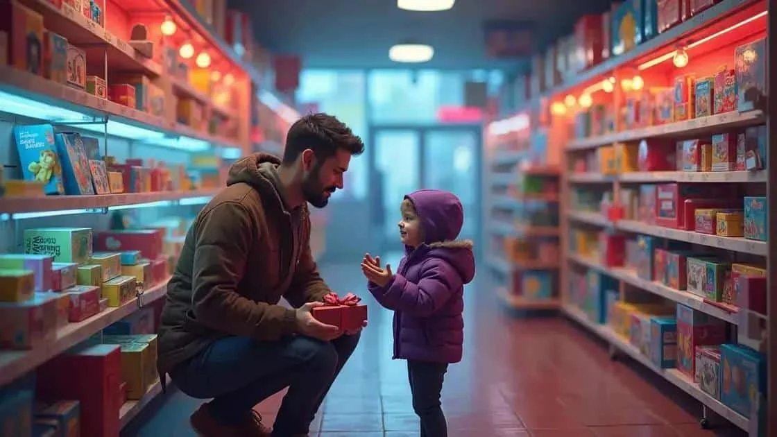 Adulte et enfant regardant un cadeau dans un magasin