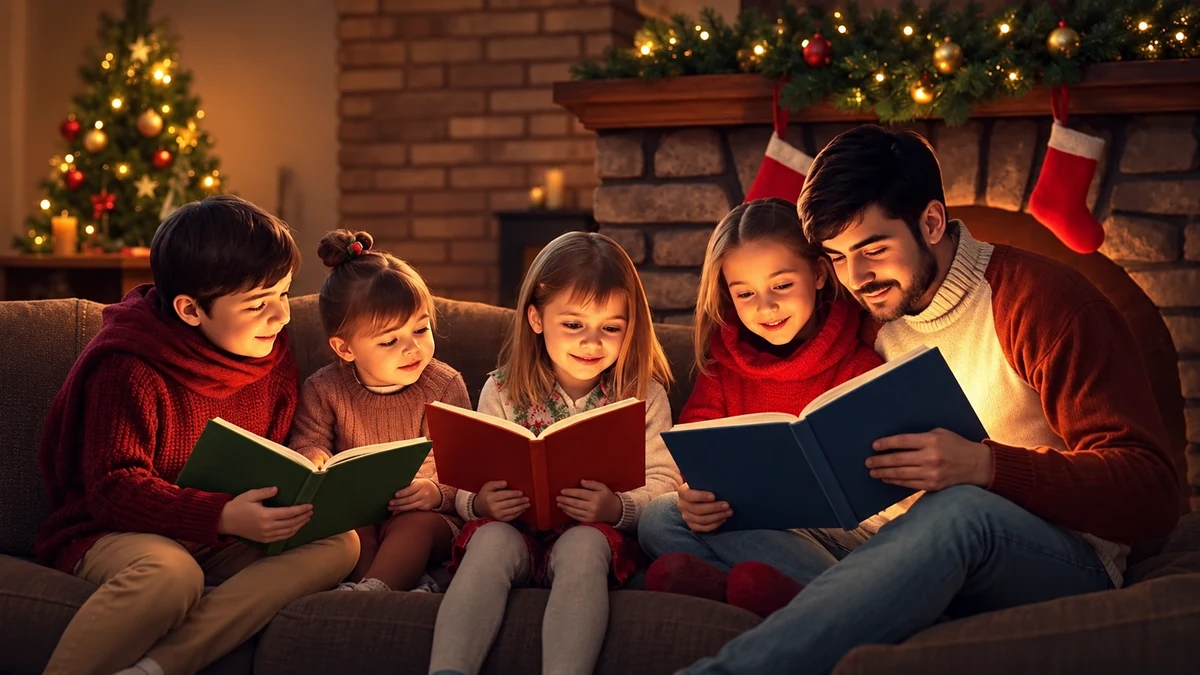 Un adulte et des enfants lisent ensemble près de décorations de Noël