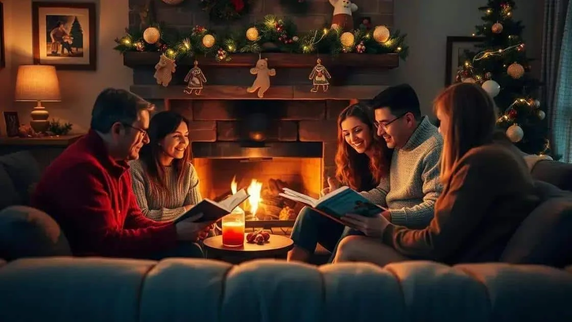Des adultes partagent un moment de lecture près de la cheminée à Noël