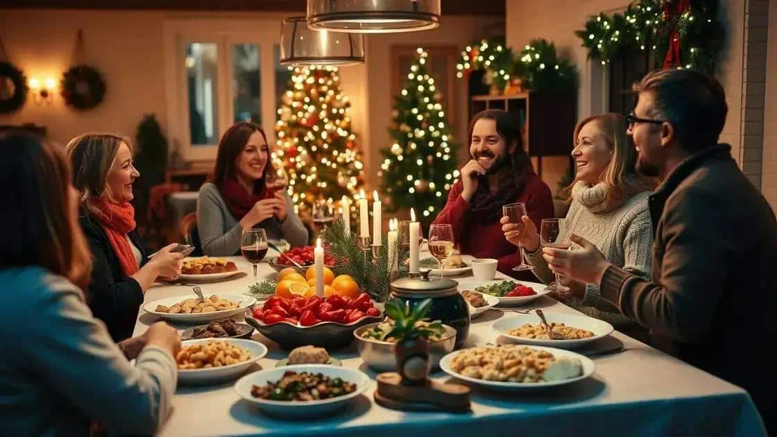 Amis réunis autour d’un repas dans un décor de Noël