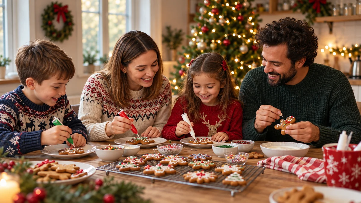 Adultes et enfants décorant des biscuits de Noël Adultes et enfants décorant des biscuits de Noël