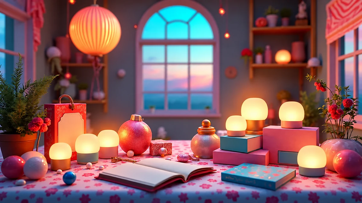 Créations et fournitures sur une table éclairée par de petites lampes LED
