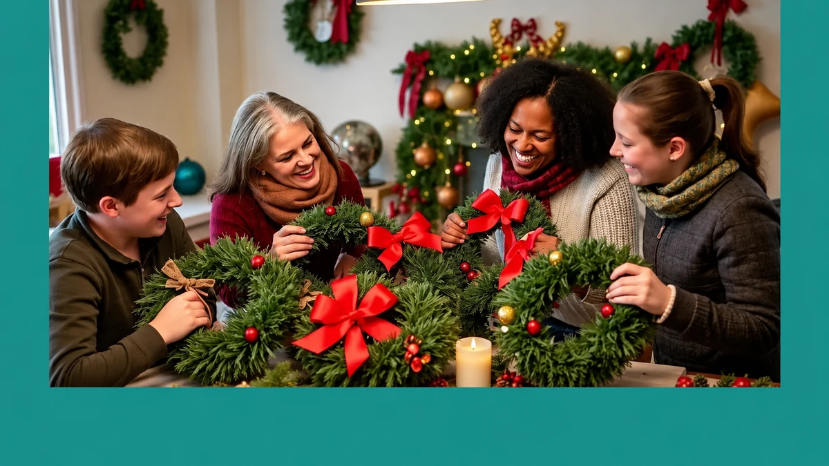 Quatre personnes assemblent des couronnes de Noël autour d’une table