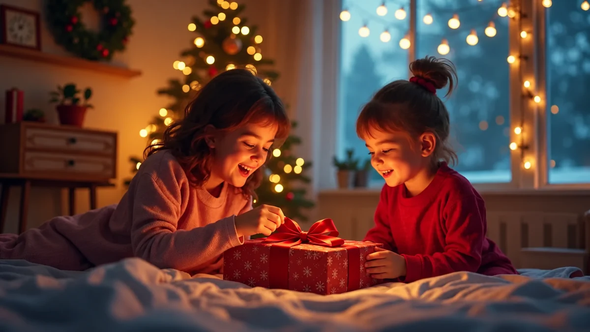 Illustration de deux enfants découvrant un cadeau emballé sur un lit