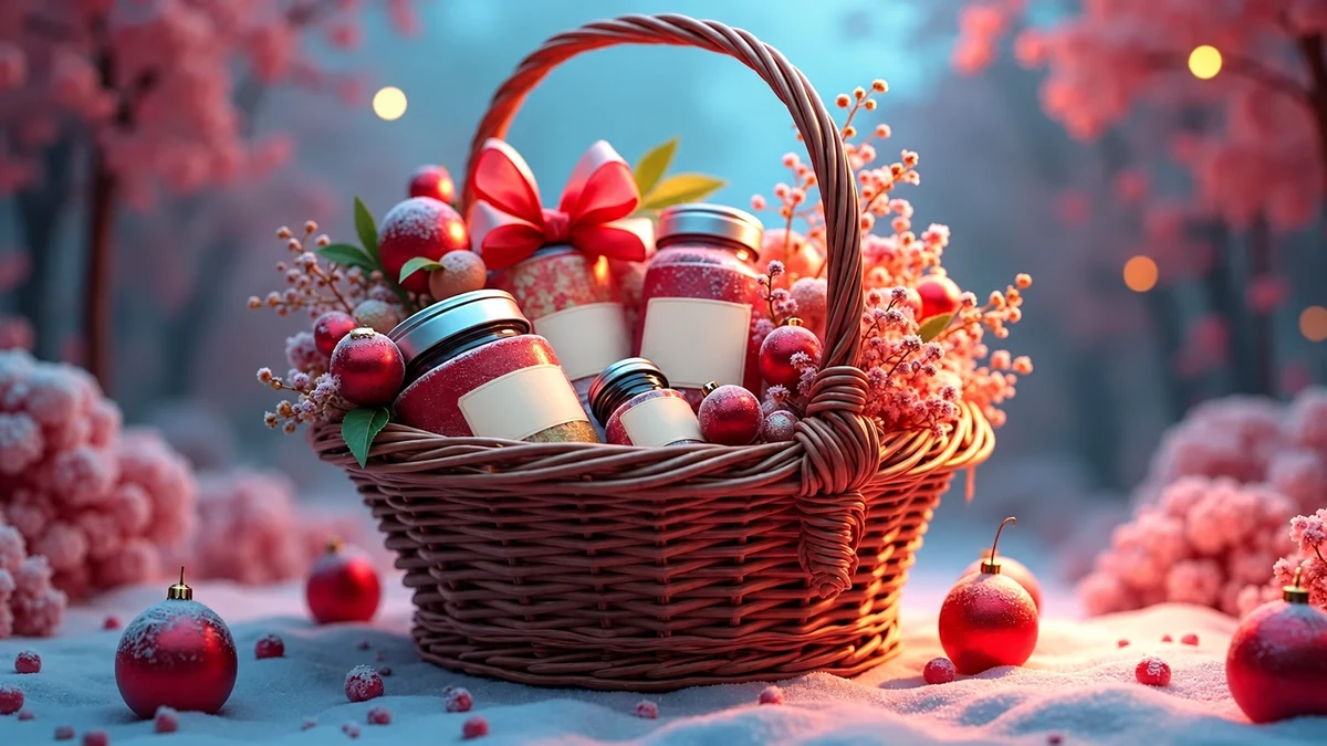 Bocaux fermés et décorations dans un panier de Noël