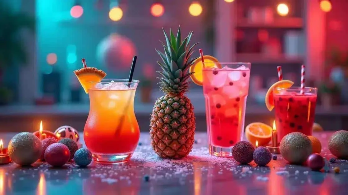 Boissons fruitées colorées présentées près d’un ananas Boissons fruitées colorées présentées près d’un ananas