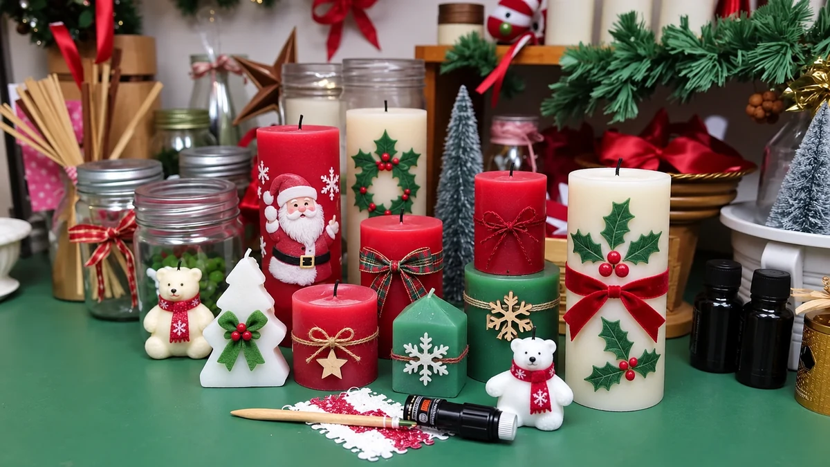 Bougies décoratives de Noël présentées éteintes dans un atelier