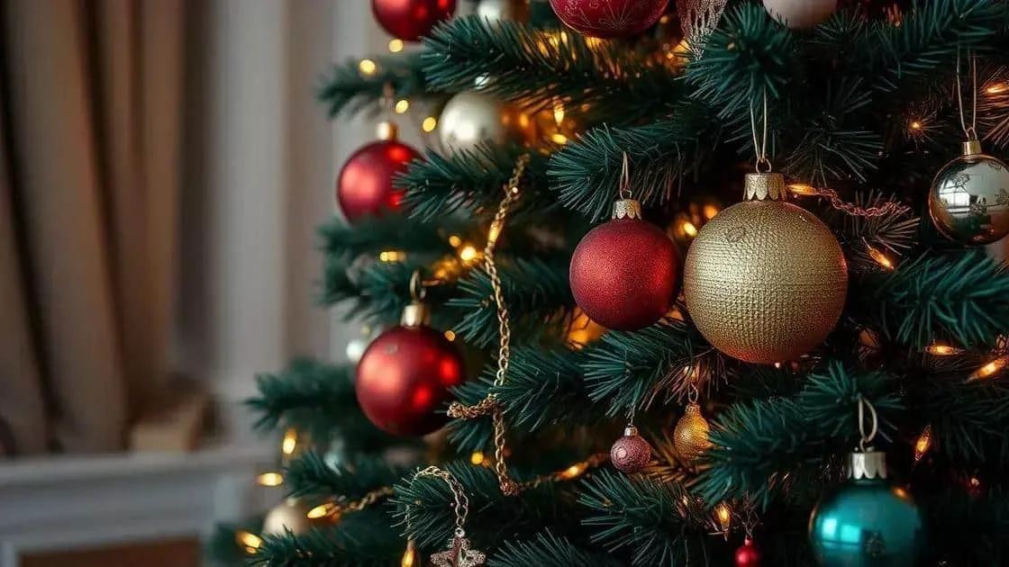 Gros plan sur des boules rouges et dorées et des lumières dans un sapin