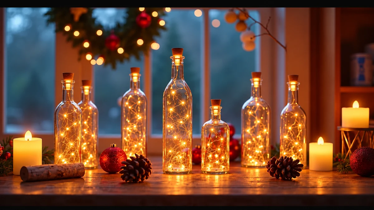 Illustration de bouteilles lumineuses et de bougies LED sans flamme Illustration de bouteilles lumineuses et de bougies LED sans flamme