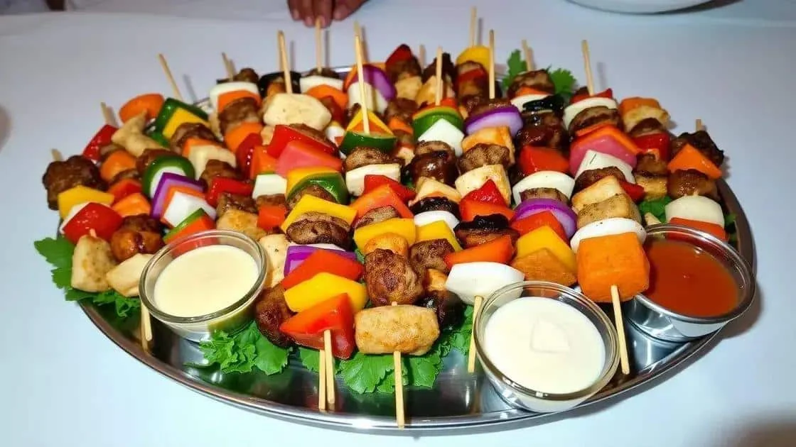 Brochettes et petites bouchées accompagnées de sauces