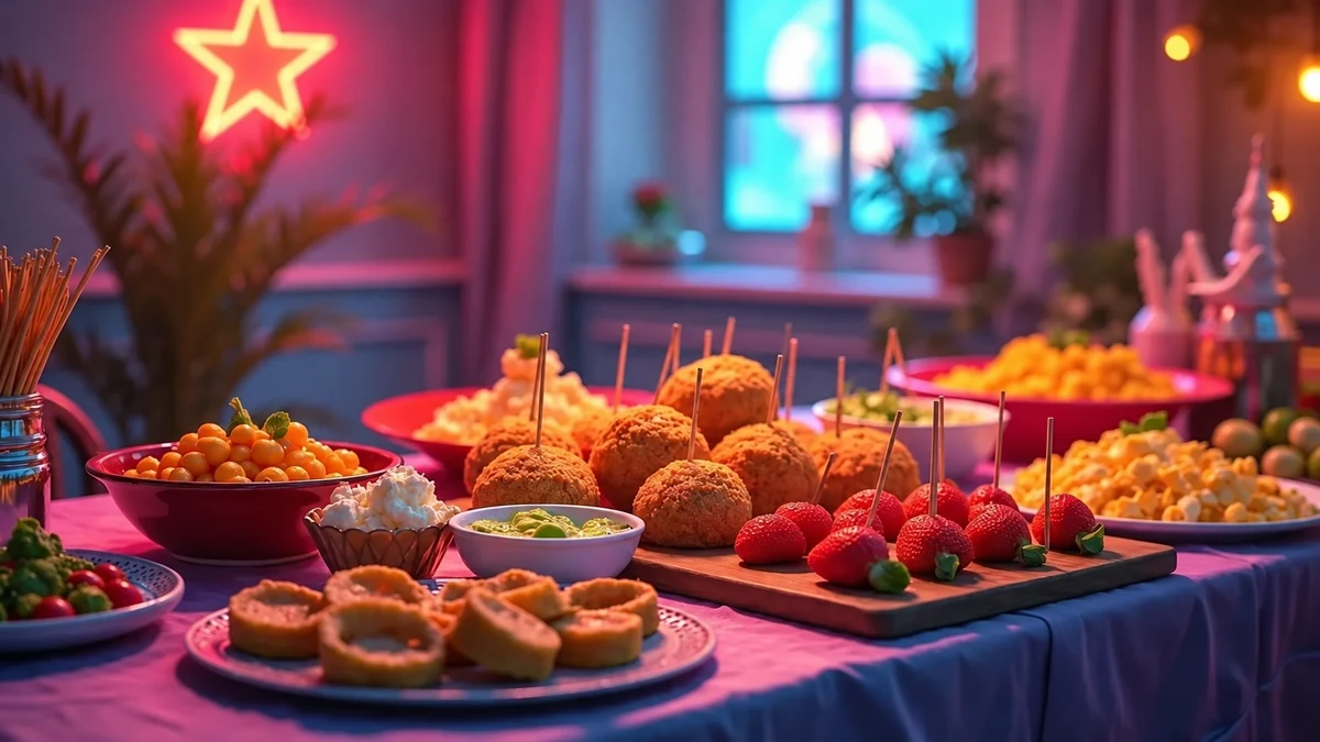 Un buffet de bouchées salées dans un décor avec une étoile lumineuse