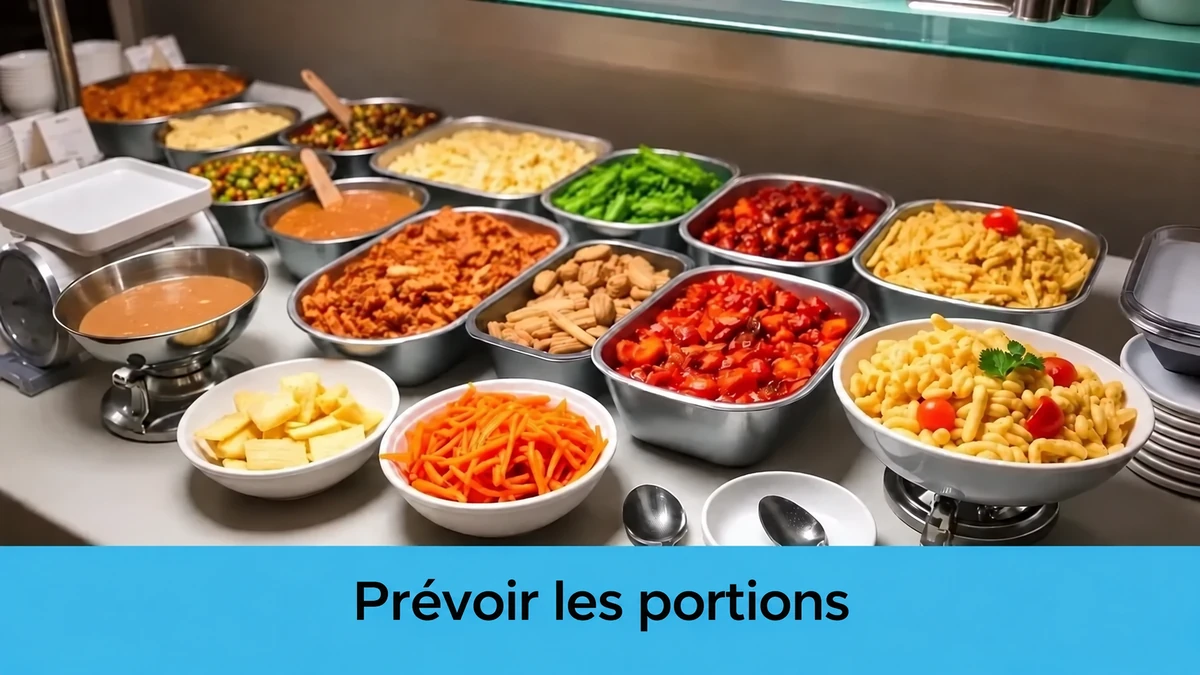 Buffet de plats variés avec la mention « Prévoir les portions »