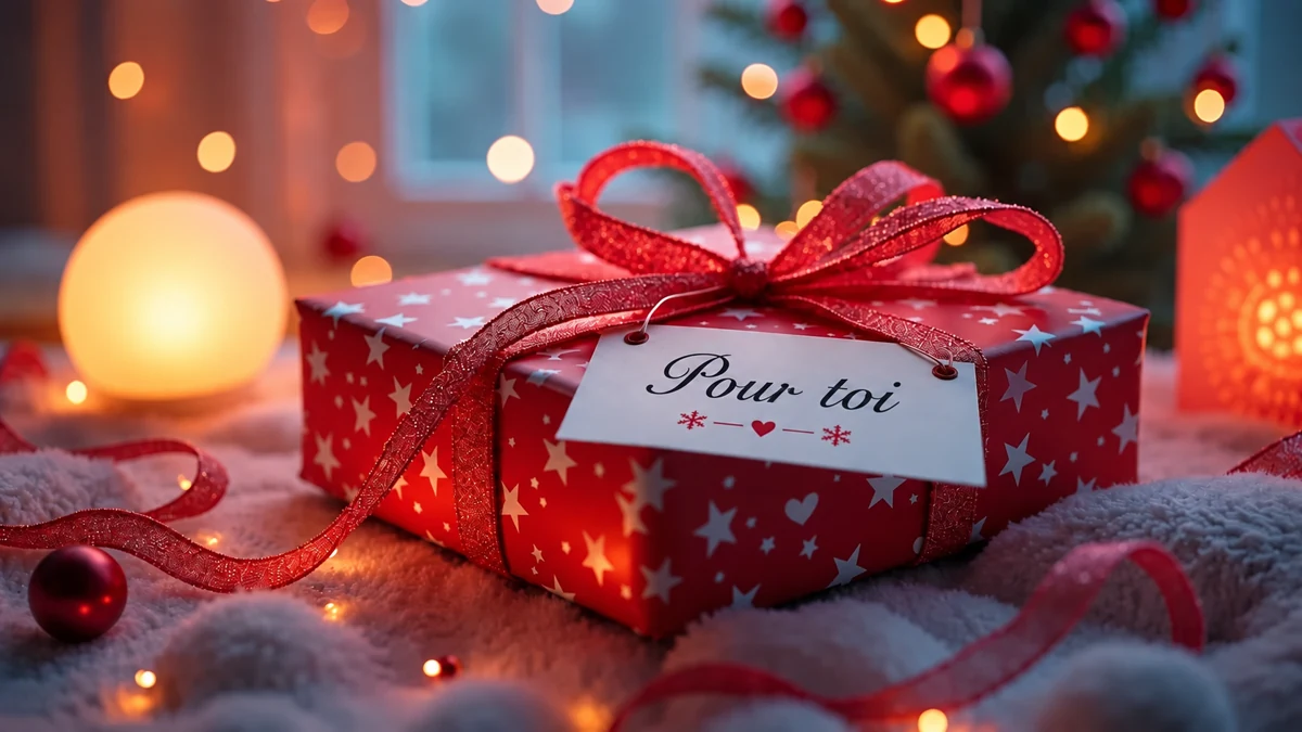 Cadeau rouge avec une étiquette Pour toi et une lampe LED en arrière-plan