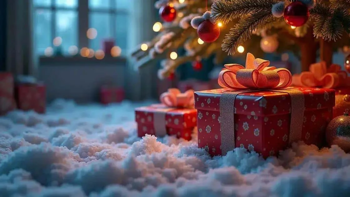 Cadeau rouge avec un ruban doré sous un sapin de Noël
