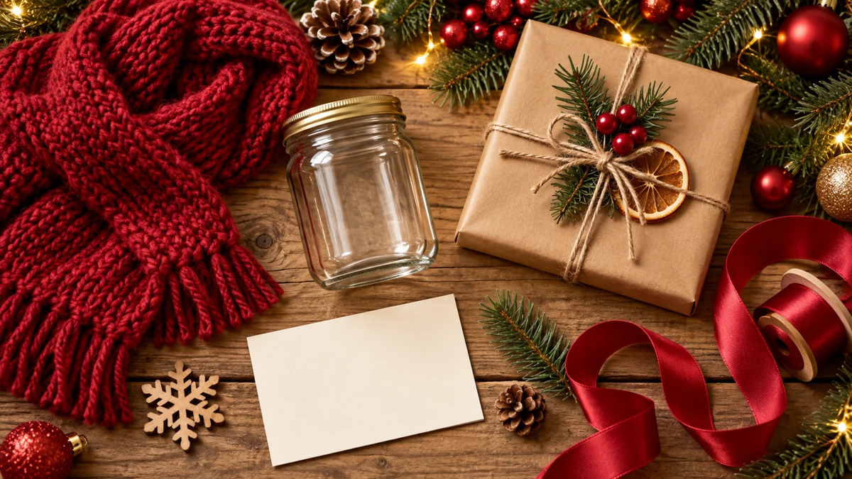 Écharpe tricotée, bocal et paquet emballé évoquant les cadeaux faits maison
