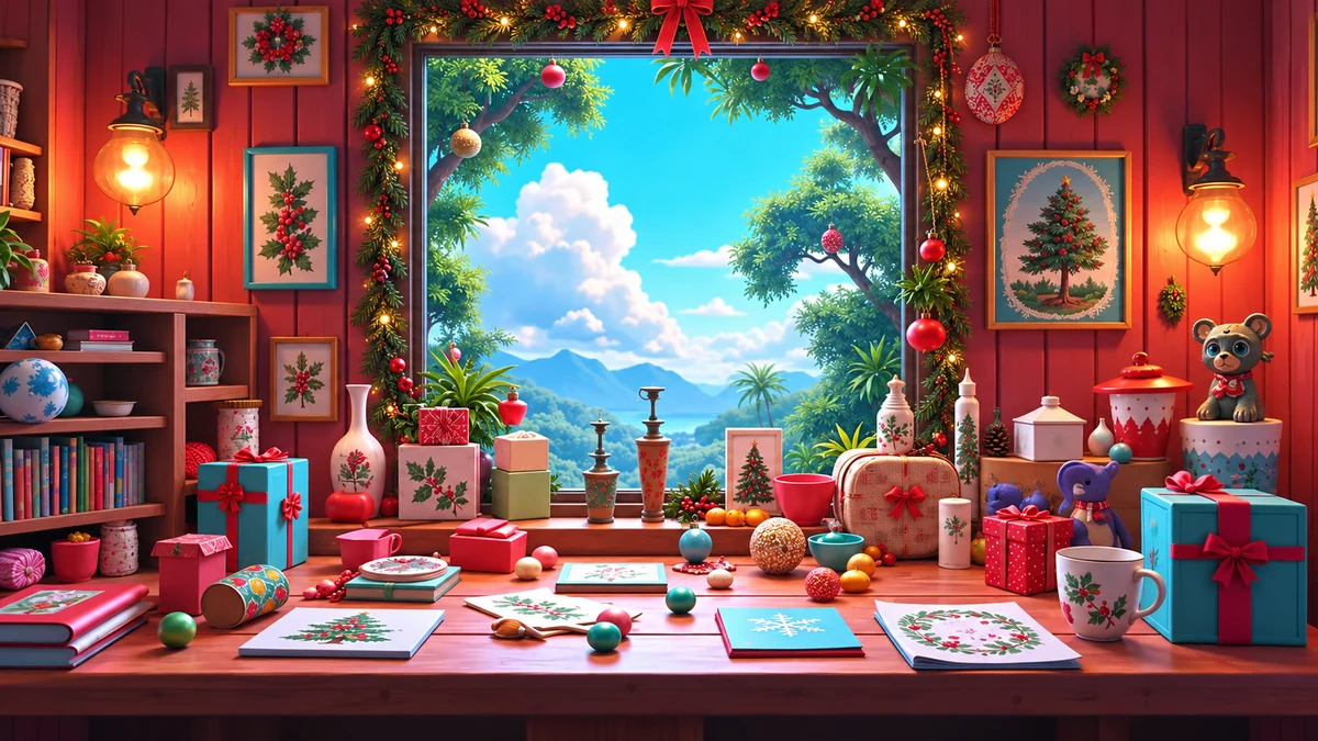 Créations et cadeaux colorés dans un atelier décoré pour Noël Créations et cadeaux colorés dans un atelier décoré pour Noël