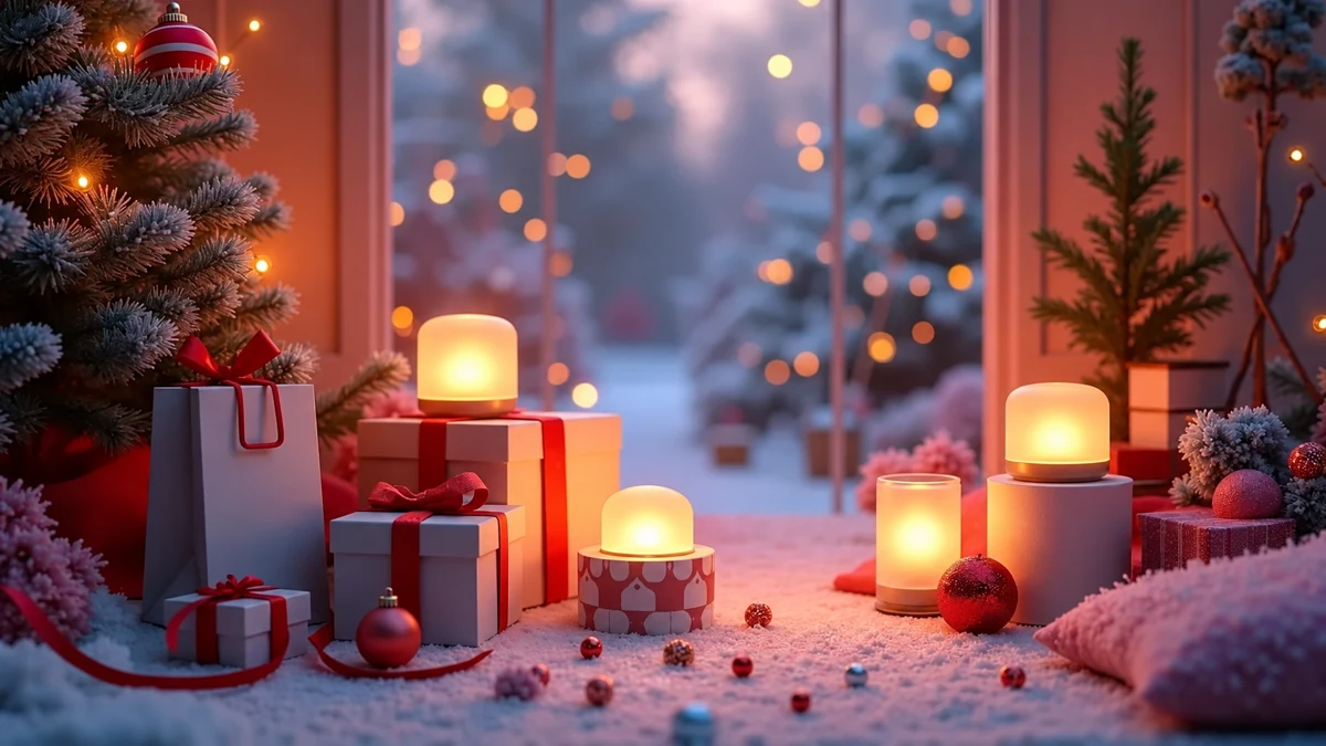 Cadeaux emballés et petites lumières LED près d’une fenêtre hivernale Cadeaux emballés et petites lumières LED près d’une fenêtre hivernale