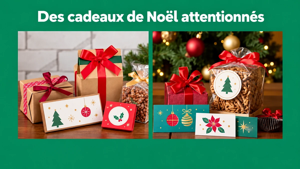 Cadeaux emballés et cartes décoratives sous le titre Des cadeaux de Noël attentionnés Cadeaux emballés et cartes décoratives sous le titre Des cadeaux de Noël attentionnés