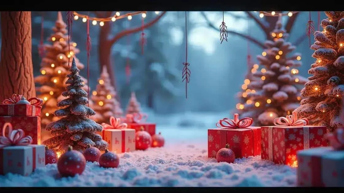 Illustration de cadeaux et d’un sapin dans un paysage enneigé