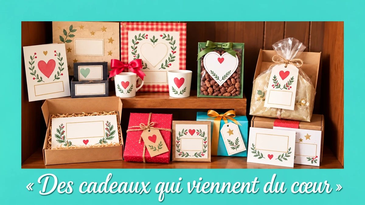 Cartes, tasses et paquets illustrant des cadeaux qui viennent du cœur Cartes, tasses et paquets illustrant des cadeaux qui viennent du cœur