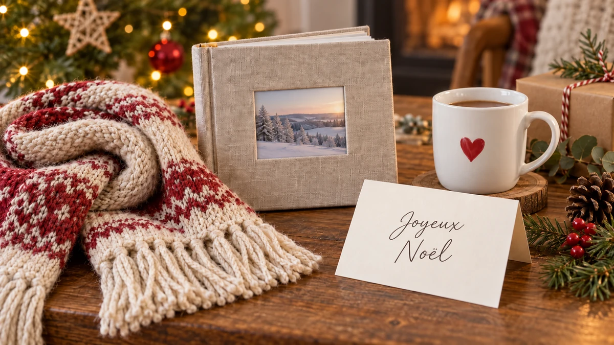 Écharpe, album photo et tasse accompagnés d’une carte Joyeux Noël Écharpe, album photo et tasse accompagnés d’une carte Joyeux Noël
