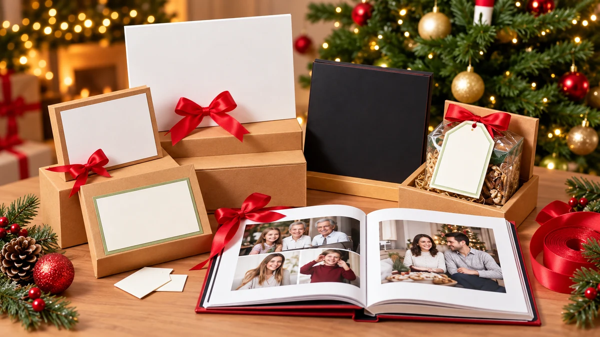 Des cadeaux, des cadres et un album de photos de famille près du sapin