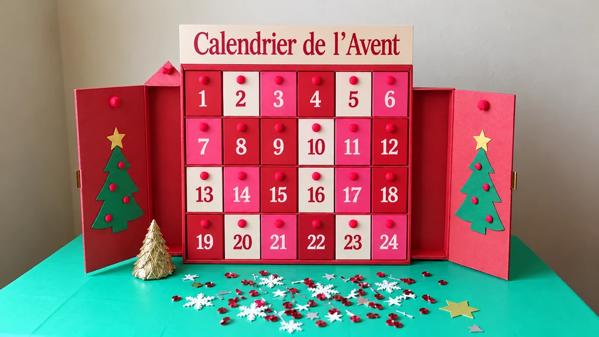 Calendrier de l’Avent artisanal rouge avec vingt-quatre tiroirs numérotés Calendrier de l’Avent artisanal rouge avec vingt-quatre tiroirs numérotés