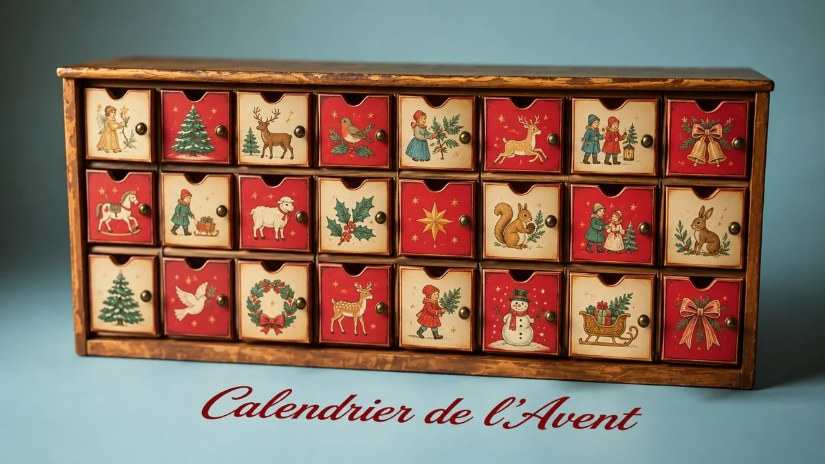Calendrier de l’Avent en bois à vingt-quatre portes illustrées, création décorative contemporaine Calendrier de l’Avent en bois à vingt-quatre portes illustrées, création décorative contemporaine