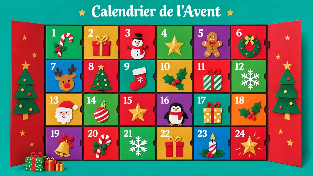 Calendrier de l’Avent coloré avec vingt-quatre cases et des motifs de Noël Calendrier de l’Avent coloré avec vingt-quatre cases et des motifs de Noël