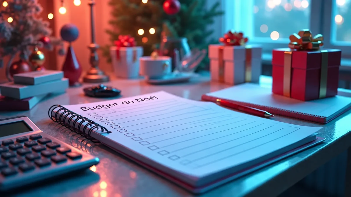 Carnet portant le titre Budget de Noël près d’une calculatrice Carnet portant le titre Budget de Noël près d’une calculatrice