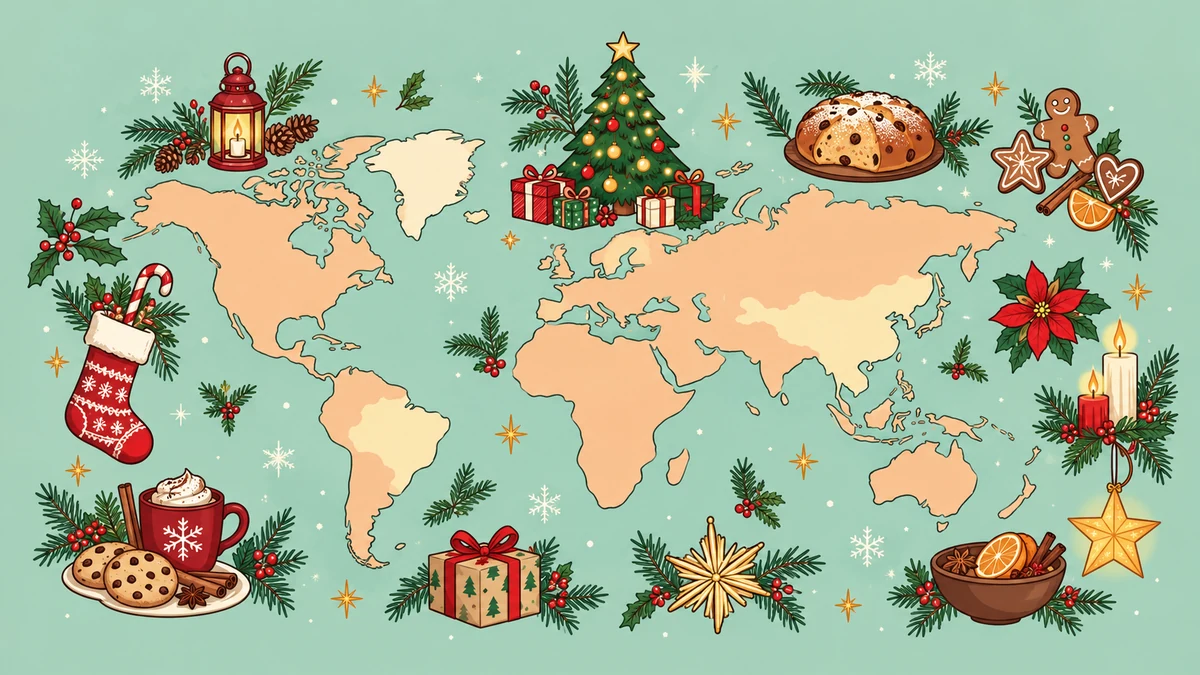 Carte du monde décorative entourée de motifs de Noël Carte du monde décorative entourée de motifs de Noël