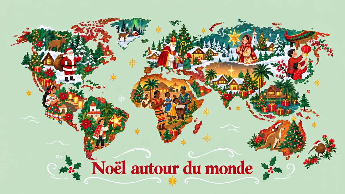 Carte décorative avec des scènes festives et le texte Noël autour du monde Carte décorative avec des scènes festives et le texte Noël autour du monde